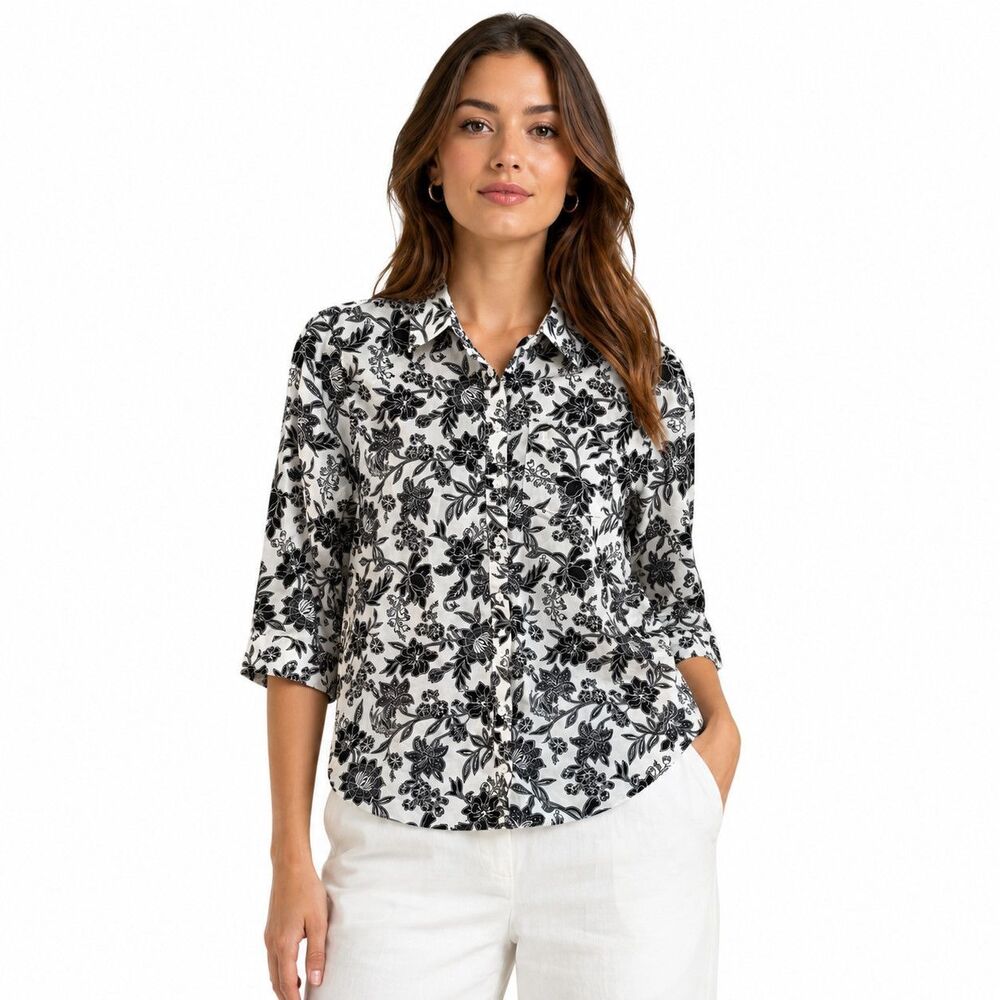 Lands' End Shirt Womens Petite 2P White Floral Collared Button Front Top